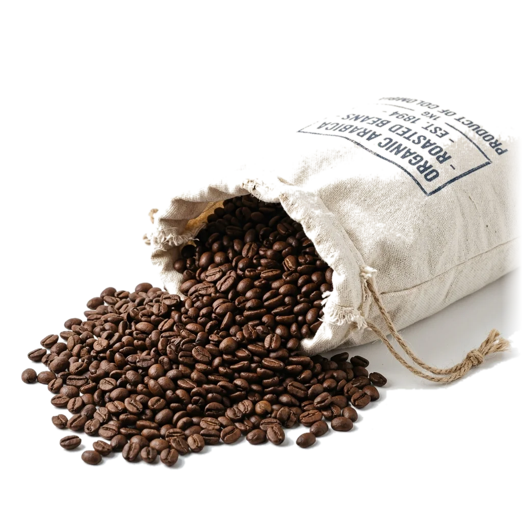 Spilled sack of premium coffee beans